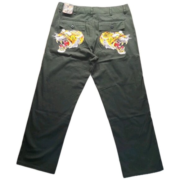 NEW ED HARDY MEN'S UTILITY WORK CHINO GREEN OLIVE PANTS SCREAMING TIGER SIZE 38" - Picture 1 of 11